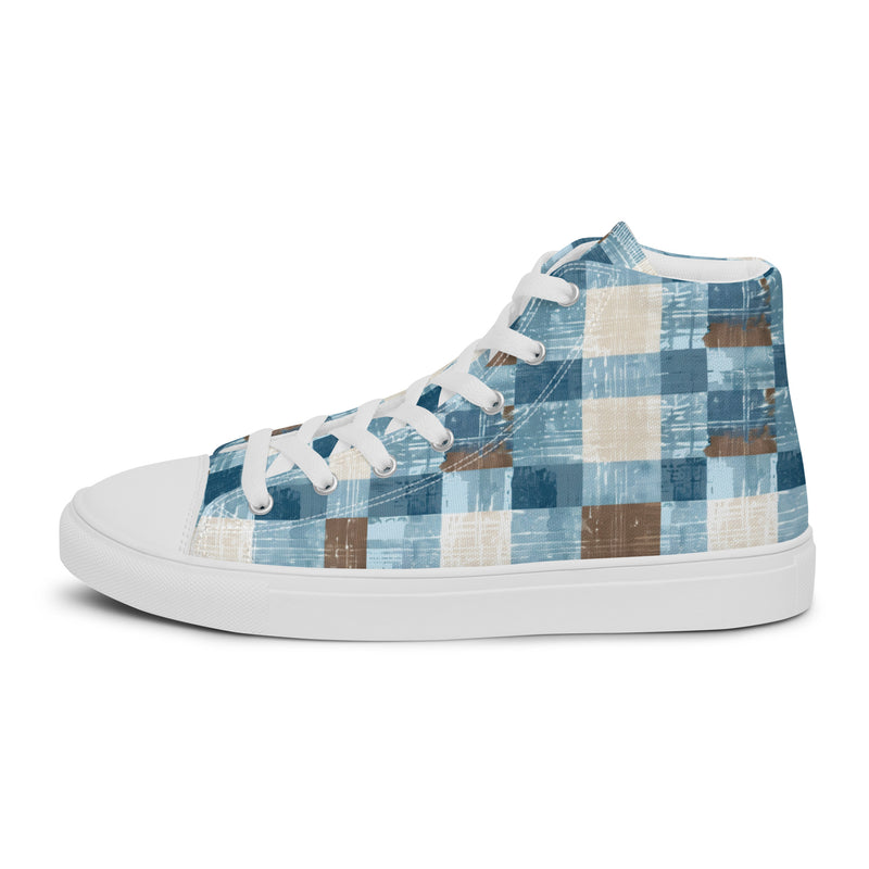 Patchwork Blue High Top #231 - Angled View | HA!LO Canvas Sneakers