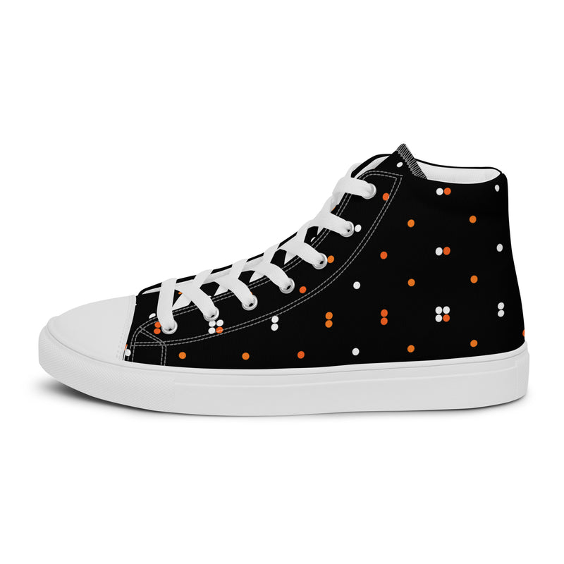 Black Orange Dot High Top #246 - Angled View | HA!LO Canvas Sneakers