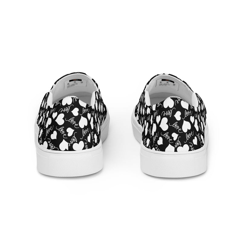 Black Heart Slip-On #63 - Angled View | HA!LO Canvas Sneakers