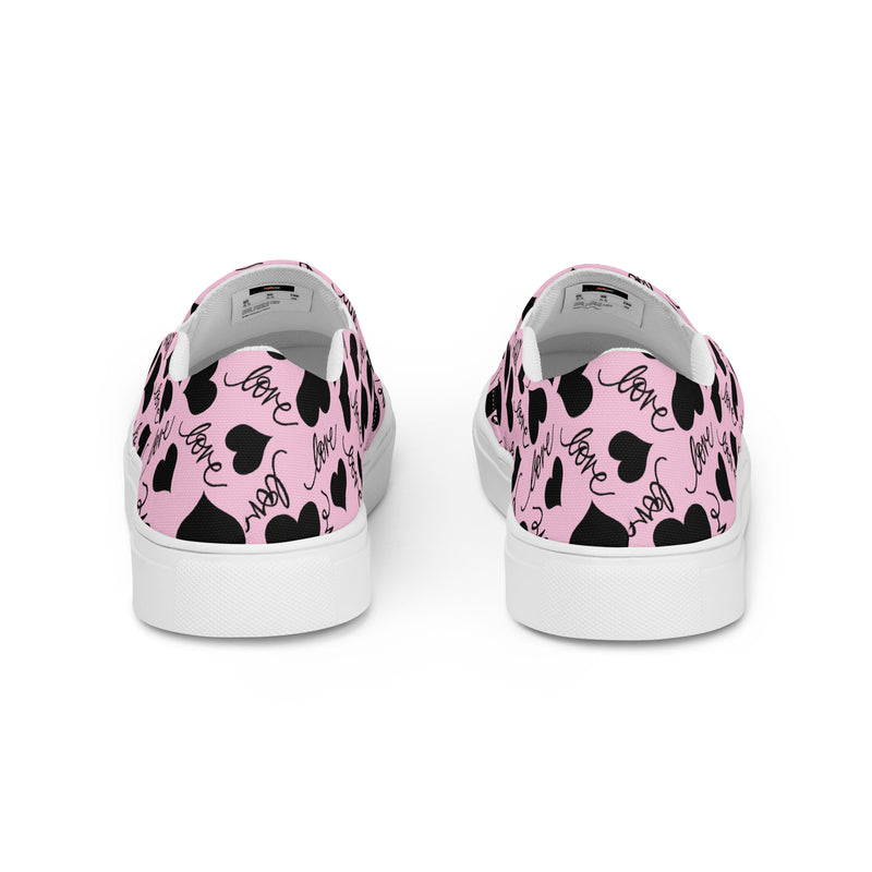 Pink Heart Scatter Slip-On #67 - Angled View | HA!LO Canvas Sneakers