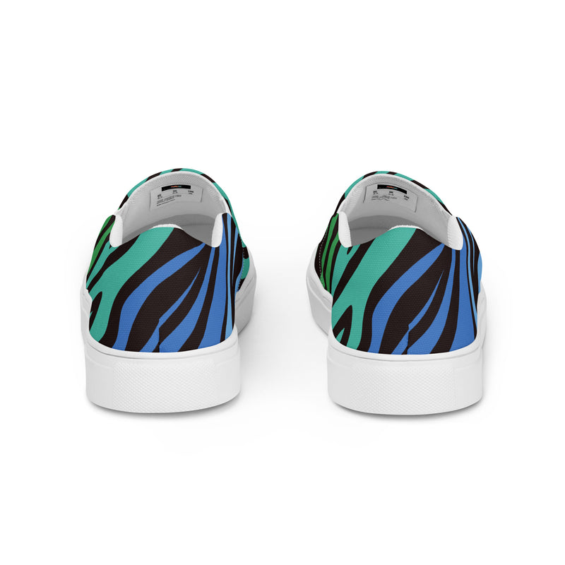 Blue Zebra Slip-On #82 - Angled View | HA!LO Canvas Sneakers