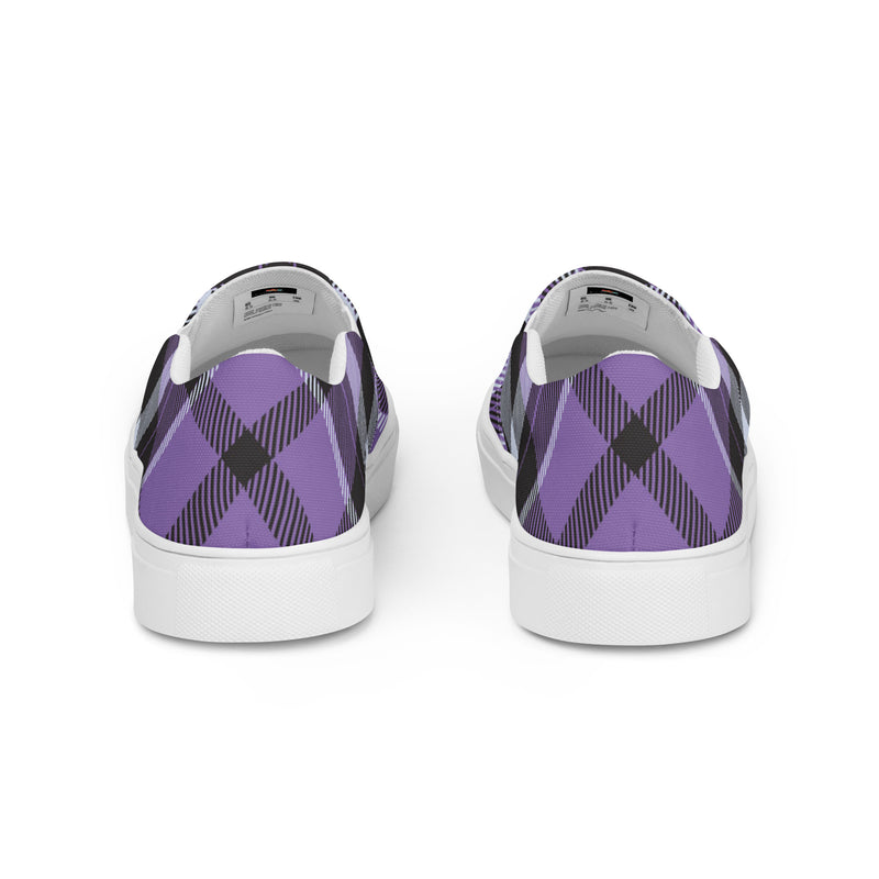Purple Buffalo Check Slip-On #89 - Angled View | HA!LO Canvas Sneakers