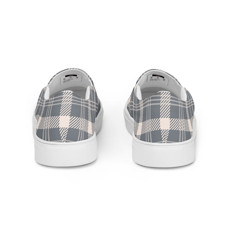 Charcoal Plaid Slip-On #91 - Angled View | HA!LO Canvas Sneakers