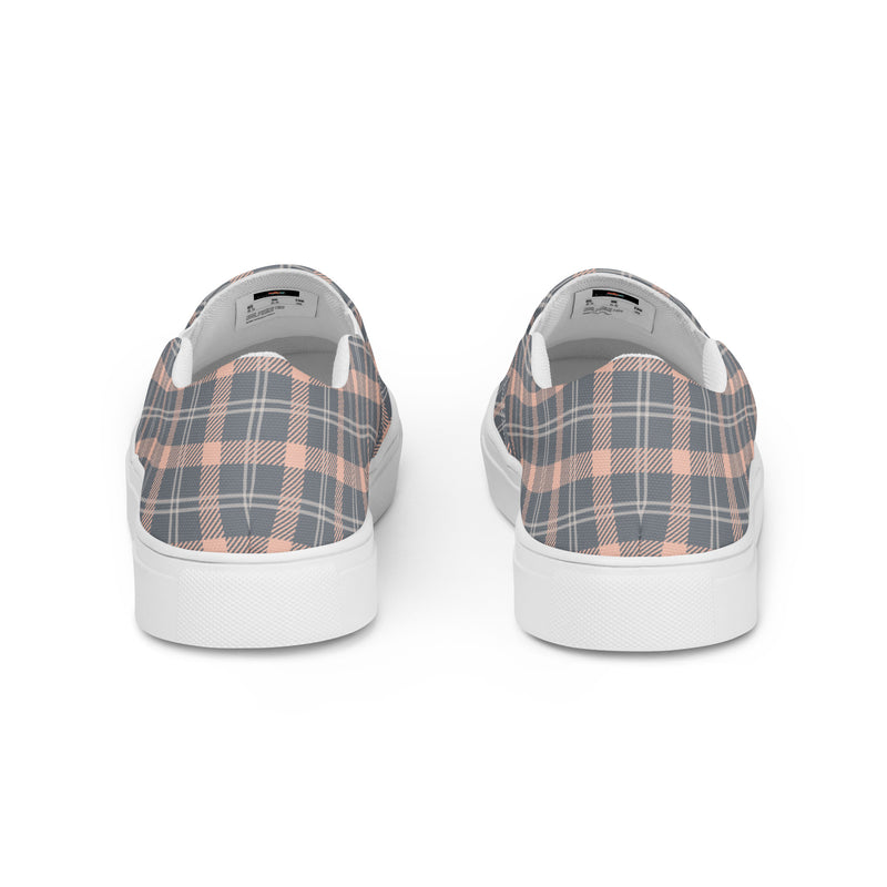Gray Rose Plaid Slip-On #93 - Angled View | HA!LO Canvas Sneakers