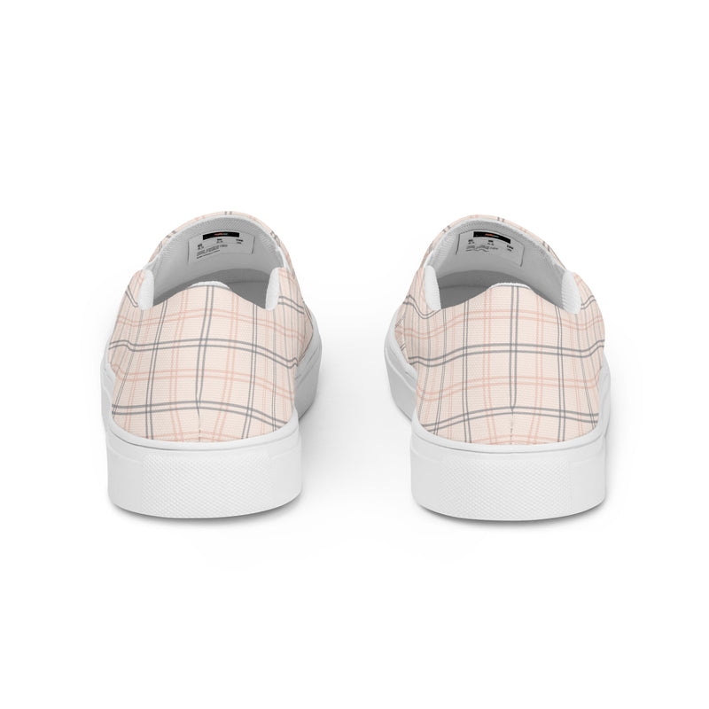Cream Plaid Slip-On #94 - Angled View | HA!LO Canvas Sneakers