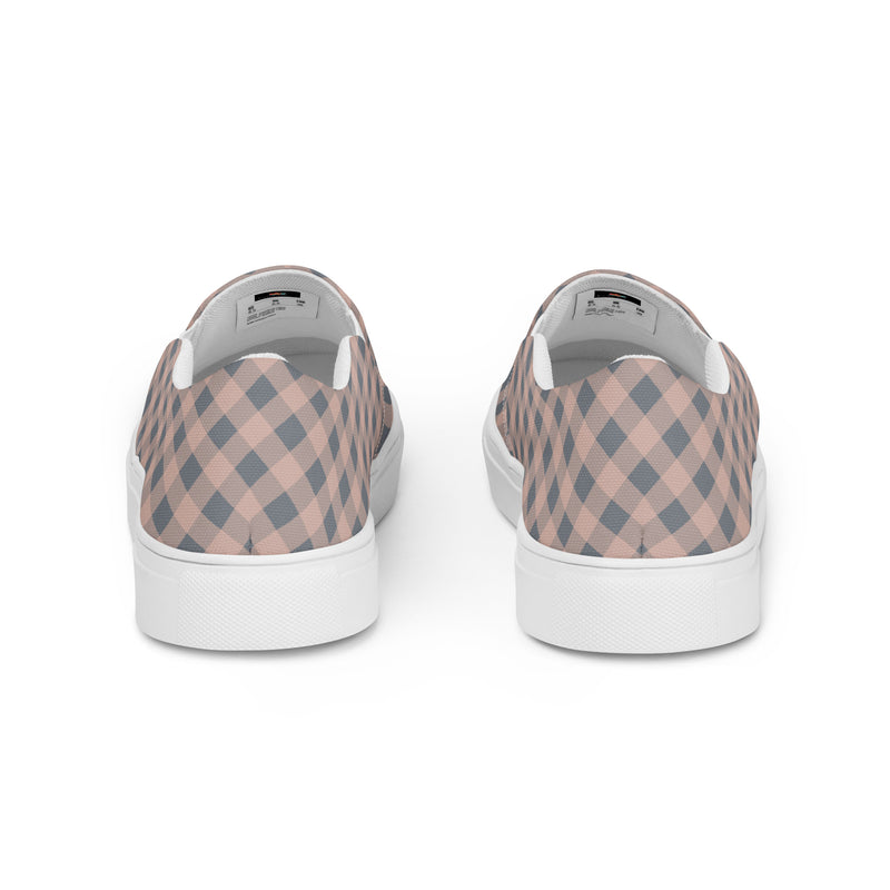 Pink Plaid Wide Slip-On #96 - Angled View | HA!LO Canvas Sneakers