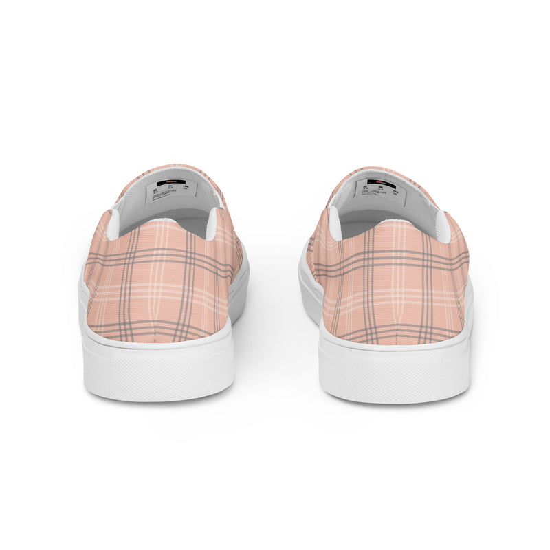 Peach Tartan Slip-On #97 - Angled View | HA!LO Canvas Sneakers