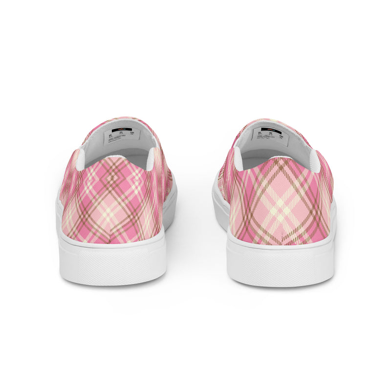 Pink Plaid Slip-On #101 - Angled View | HA!LO Canvas Sneakers