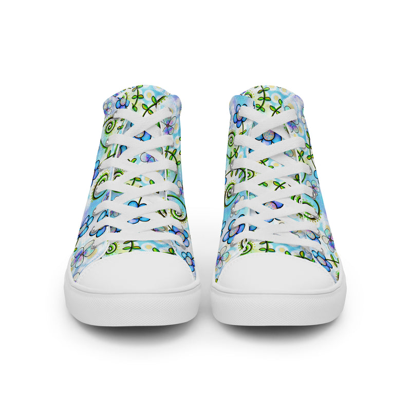 Blue Flower Doodle High Top #154 - Close Up Detail | HA!LO Canvas Sneakers