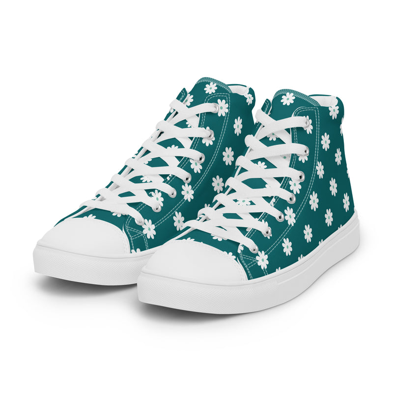 Teal Daisy High Top #207 - Back View | HA!LO Canvas Sneakers