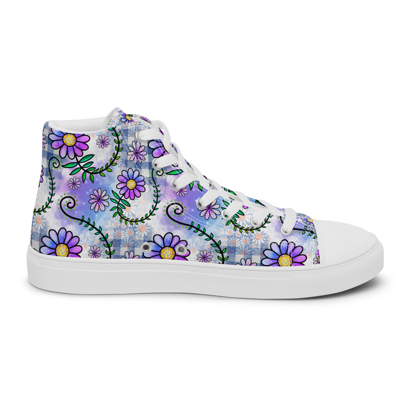 Purple Daisy Doodle High Top #156 - Angled View | HA!LO Canvas Sneakers