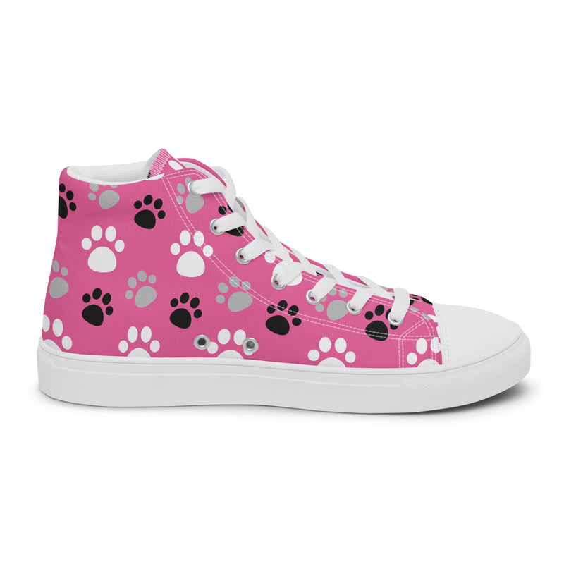 Pink Paw Print High Top #165 - Angled View | HA!LO Canvas Sneakers