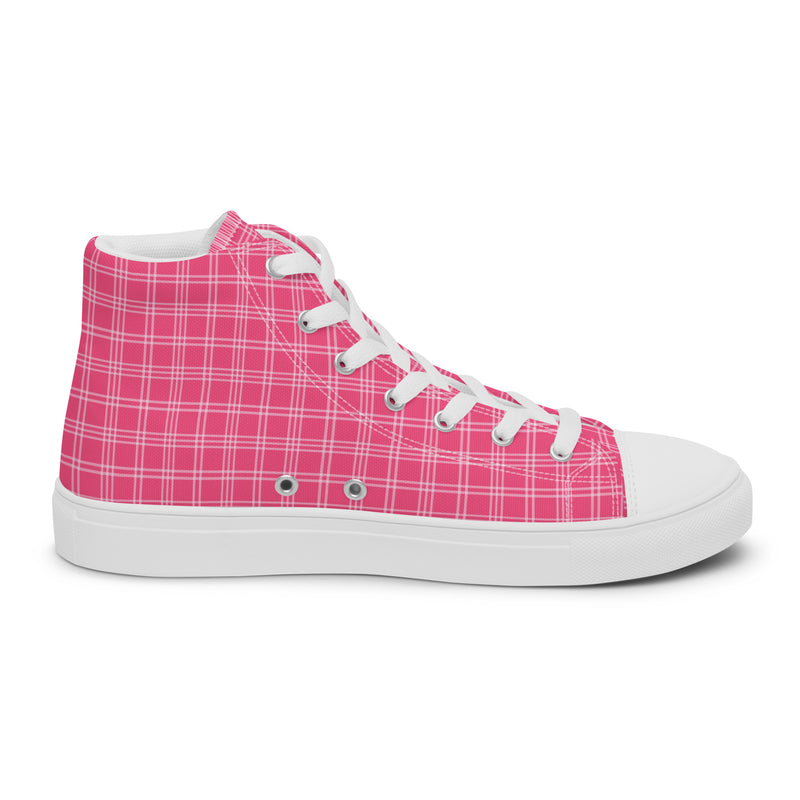 Hot Pink Plaid High Top #221 - Angled View | HA!LO Canvas Sneakers