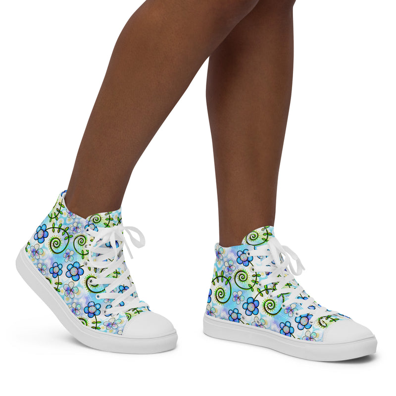 Blue Flower Doodle High Top #154 - Opposite Side | HA!LO Canvas Sneakers