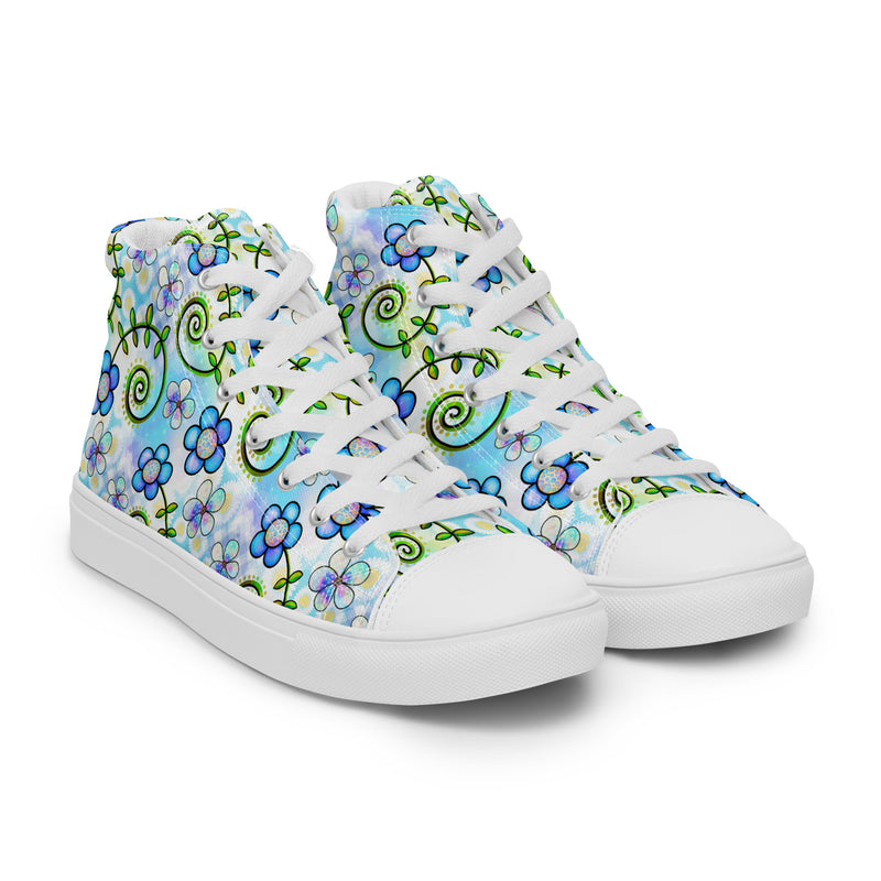 Blue Flower Doodle High Top #154 - Front View | HA!LO Canvas Sneakers
